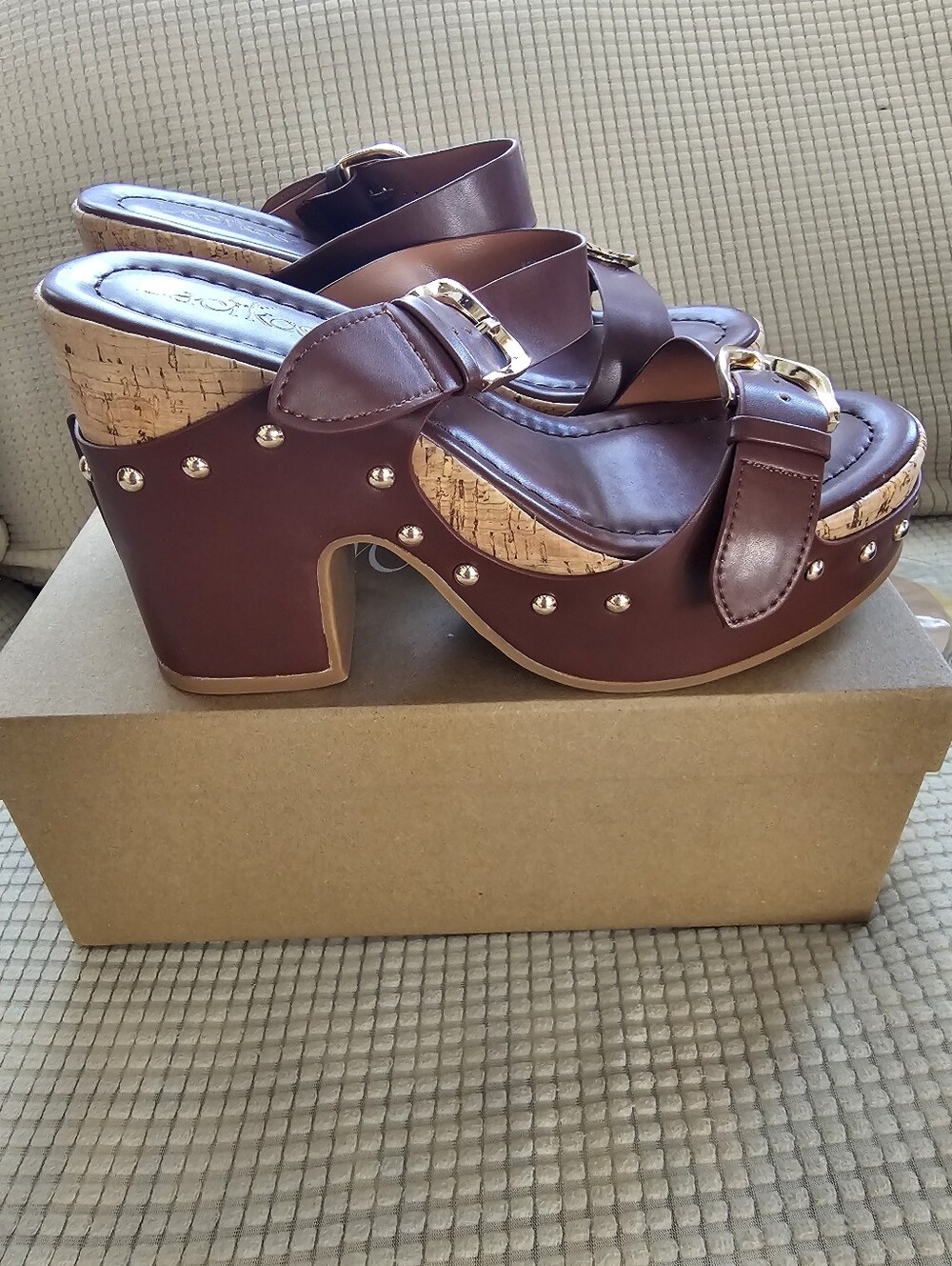 Women's Brown Cork Platform Heeled Sandals with Stud Accents